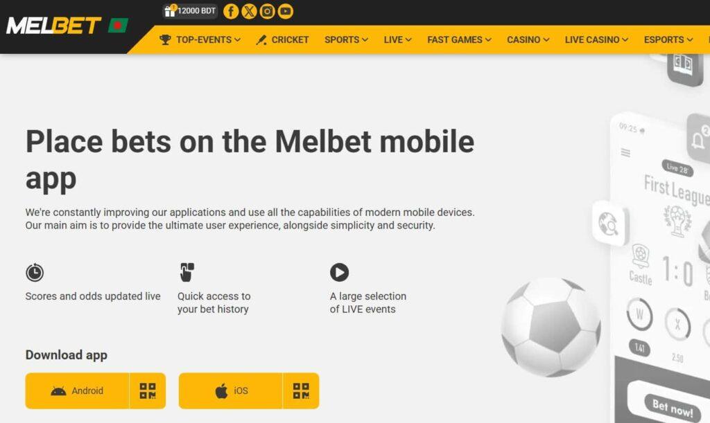 MelBet অফিসিয়াল ওয়েবসাইট — Android এবং iOS বাটন সহ অ্যাপ ডাউনলোড সেকশন